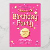 Retro  Roze Sterren Verjaardagsfeest Folie Uitnodiging (Voorkant)
