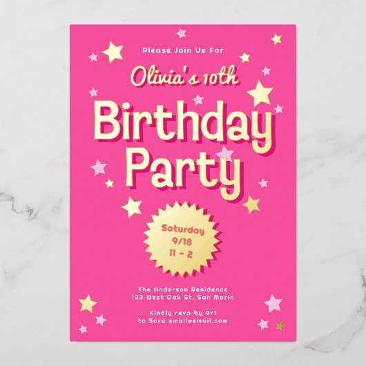 Retro  Roze Sterren Verjaardagsfeest Folie Uitnodiging (Voorkant)