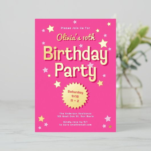 Retro  Roze Sterren Verjaardagsfeest Folie Uitnodiging (Staand Voorkant)