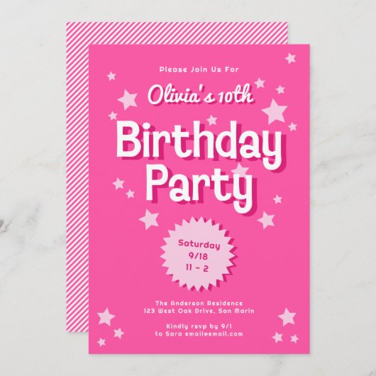 Retro  Roze Sterren Verjaardagsfeest Kaart (Voorkant / Achterkant)