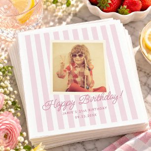 Retro Roze Streep Custom Foto Verjaardag Servet
