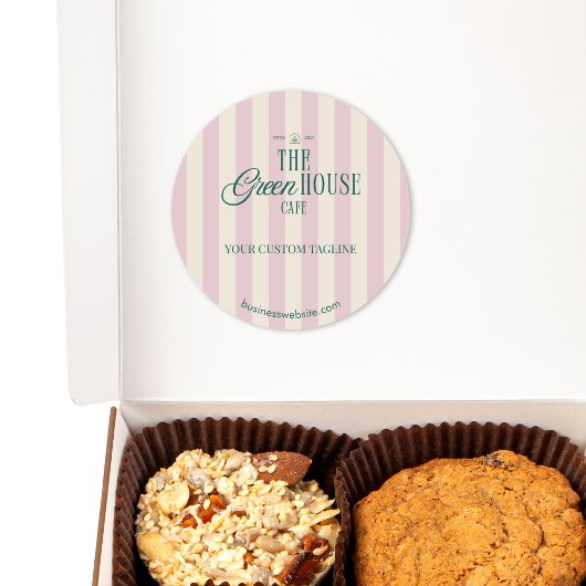 Retro Roze Streep Groene Bakkerij Cafe Logo Brande Ronde Sticker