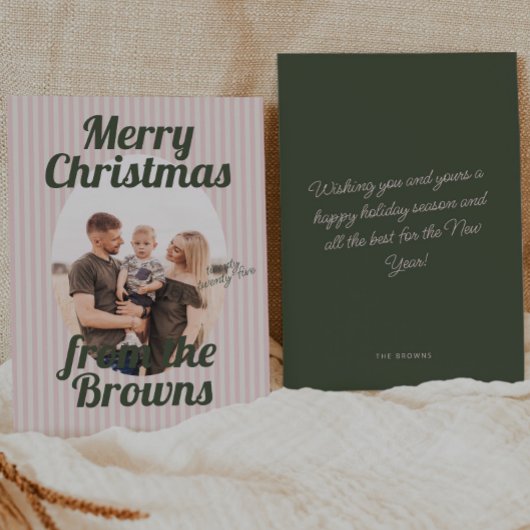 Retro Roze Strepen Boho Ovaal Foto Kerst Feestdagenkaart