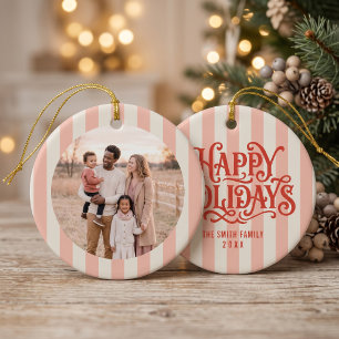 Retro Roze Strepen Familie Foto Keramisch Ornament