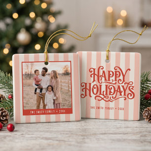 Retro Roze Strepen Familie Foto Keramisch Ornament