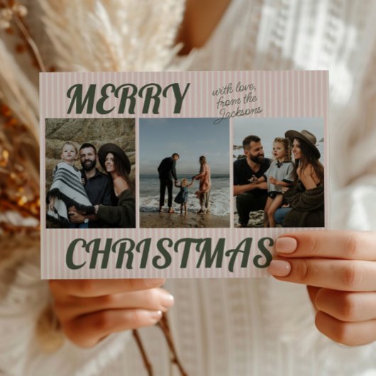 Retro  Roze Strepen Foto Kerst Feestdagenkaart