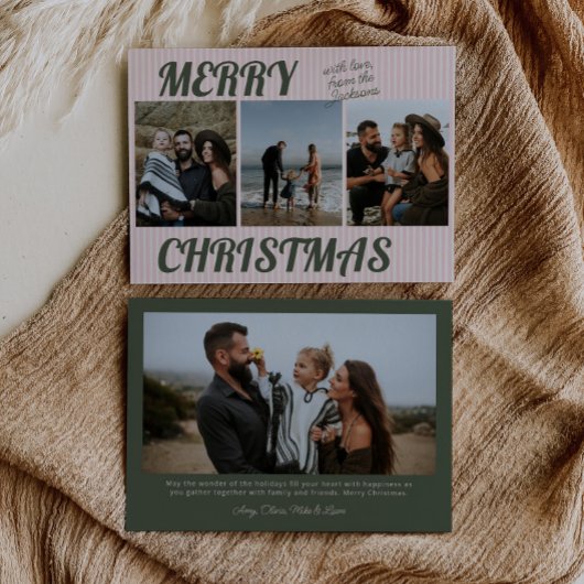 Retro  Roze Strepen Foto Kerst Feestdagenkaart