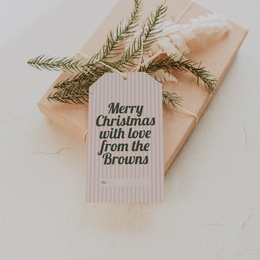 Retro  Roze Strepen Groen Vrolijk Kerstfeest Cadeaulabel