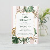 Retro roze strepen palm strand Baby shower Kaart (Staand voorkant)