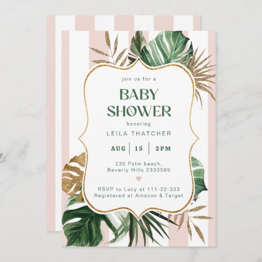 Retro roze strepen palm strand Baby shower Kaart (Voorkant / Achterkant)