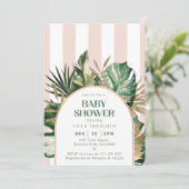 Retro roze strepen palmstrand baby shower kaart (Staand voorkant)