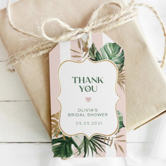 Retro roze strepen tropische bruids dank u cadeaulabel