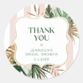 Retro roze strepen tropische bruidsshower ronde sticker (Voorkant)