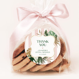 Retro roze strepen tropische bruidsshower ronde sticker