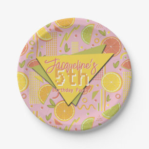 Retro Roze Summer Citrus Vrucht Verjaardag Papieren Bordje