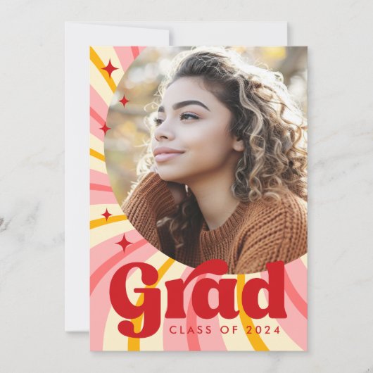 Retro roze sunburst afstuderen jaarfoto afstuderen aankondiging (Voorkant)