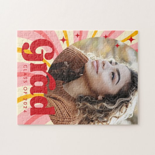 Retro roze sunburst afstuderen jaarfoto afstuderen legpuzzel (Horizontaal)