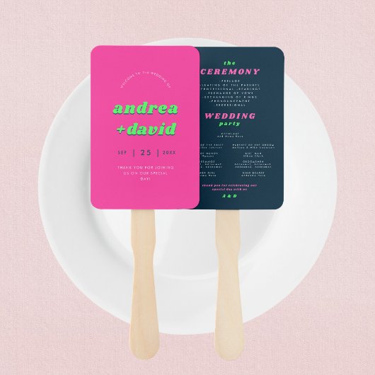 Retro Roze & Teal Hippie Groovy Huwelijksprogramma Handwaaier