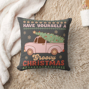 Retro Roze Truck "Heb jezelf een groovy Kerstmis Kussen