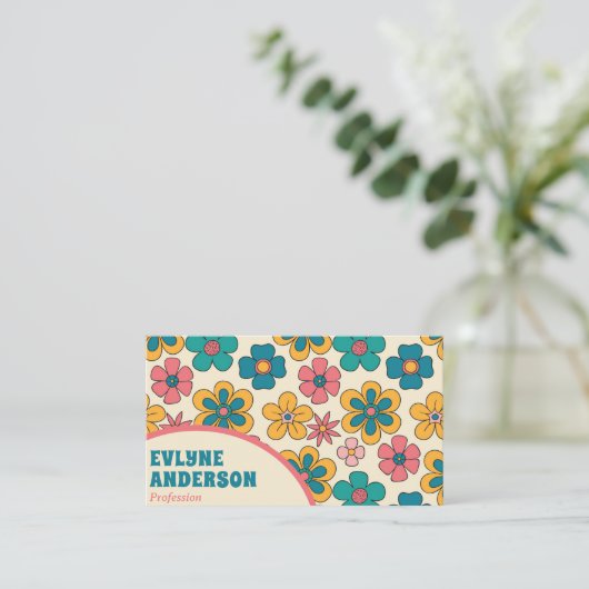 Retro Roze Turquoise Groovy Bloemen Boho Girly Visitekaartje (Staand voorkant)