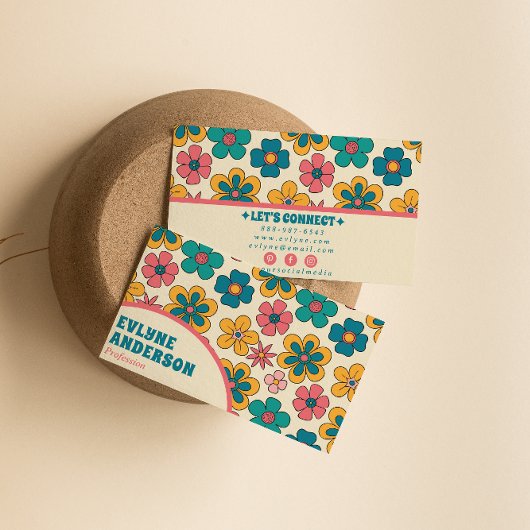 Retro Roze Turquoise Groovy Bloemen Boho Girly Visitekaartje