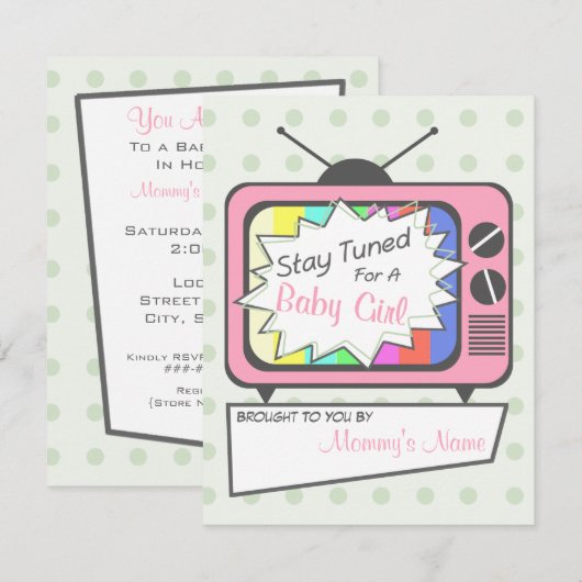 Retro Roze tv Set Baby shower Uitnodiging (Voorkant / Achterkant)