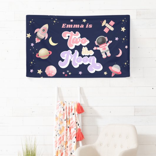 Retro Roze Twee de maan Verjaardag Spandoek (Insitu)