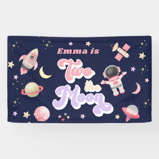 Retro Roze Twee de maan Verjaardag Spandoek (Horizontaal)