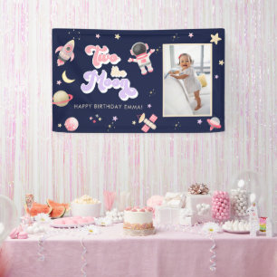 Retro Roze Twee de maan Verjaardag Spandoek