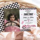 Retro Roze Twee Snelle Race Auto 2e Verjaardag Fot Kaart