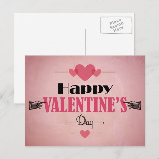 Retro Roze Valentijnsdag Kaart - Harten en Handen (Voorkant / Achterkant)