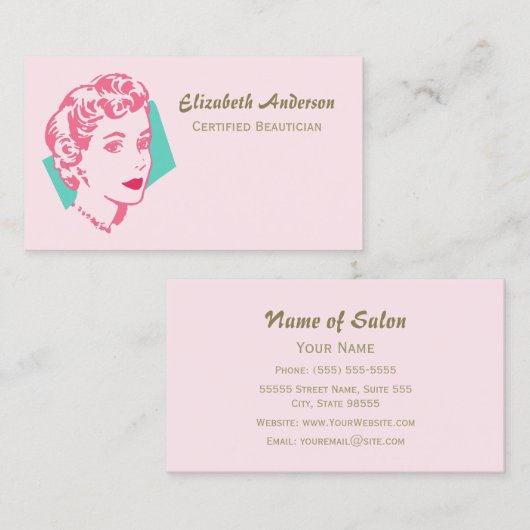 Retro Roze Vrouw Schoonheidssalon Visitekaartje (Voorkant / Achterkant)