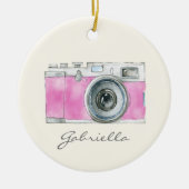 Retro Roze Waterverf Camera Gepersonaliseerd Keramisch Ornament (Voorkant)