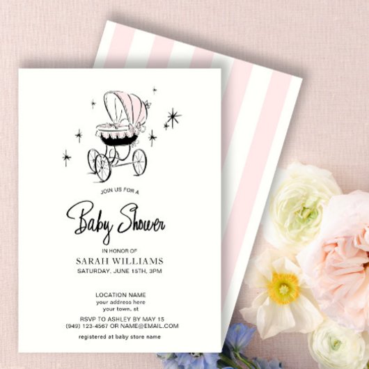 Retro Roze Waterverf Stroller Script Baby shower Kaart