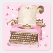 Retro Roze Waterverf Typemachine Kerst Vierkante Sticker (Voorkant)