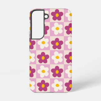 Retro Roze & Wijnrood Bloem Schachbrett Motief Samsung Galaxy Hoesje