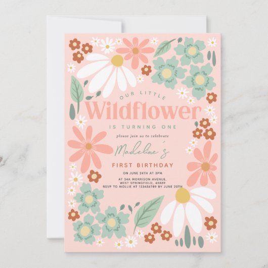 Retro Roze Wildflower Daisy Kids Verjaardag Kaart (Voorkant)