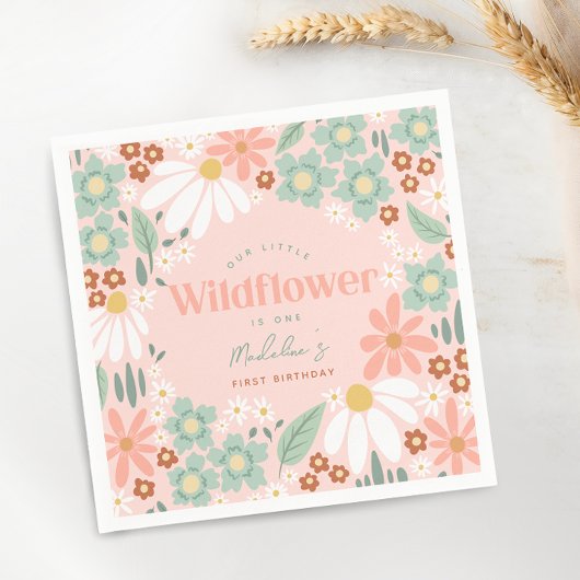 Retro Roze Wildflower Daisy Kids Verjaardag Servet