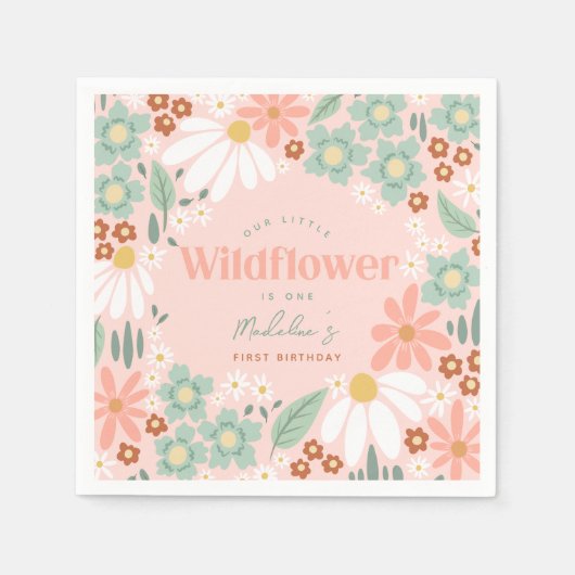 Retro Roze Wildflower Daisy Kids Verjaardag Servet (Voorkant)
