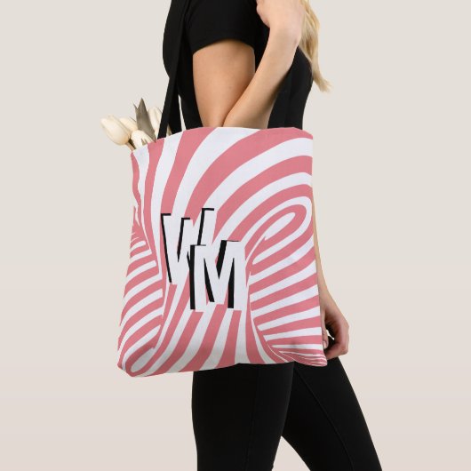 Retro Roze Wit Abstract Zebra Patroon Initialen Tote Bag (Dichtbij)