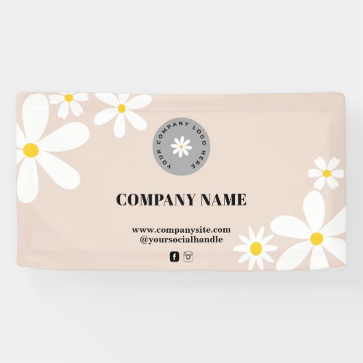 Retro Roze & Witte Daisy Zakelijke Logo Display Spandoek (Horizontaal)
