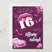 Retro roze zoet 16 verjaardagsfeestje kaart (Voorkant)