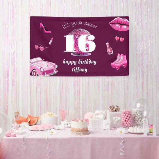 Retro roze zoet 16 verjaardagsfeestje spandoek (Feest)