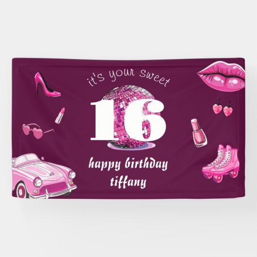 Retro roze zoet 16 verjaardagsfeestje spandoek (Horizontaal)
