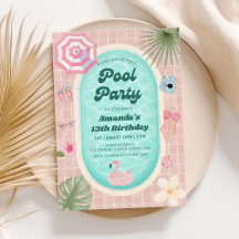 Retro Roze Zomer Zwembad Feest Verjaardagsuitnodig