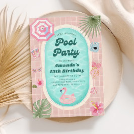 Retro Roze Zomer Zwembad Feest Verjaardagsuitnodig Kaart