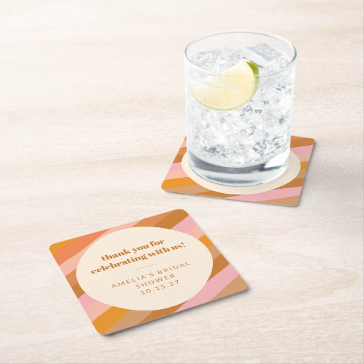 Retro Roze Zonsondergang Strepen Aangepaste Bruids Kartonnen Onderzetters (Insitu)