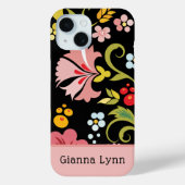 Retro Roze Zwart Bloemige Monogram Case-Mate iPhone Case (Achterkant)