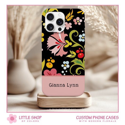 Retro Roze Zwart Bloemige Monogram Case-Mate iPhone Case