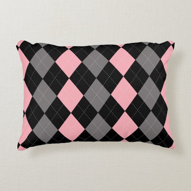 Retro Roze Zwart Grijs Argyle Accent Kussen (Voorkant)